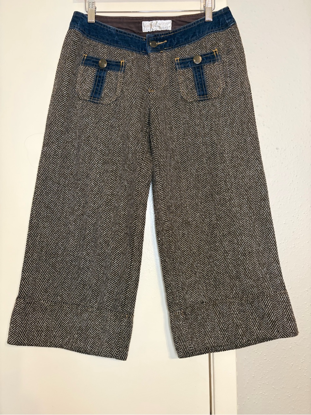 Baby Phat herringbone wide-leg capris featuring a denim waistband and pockets